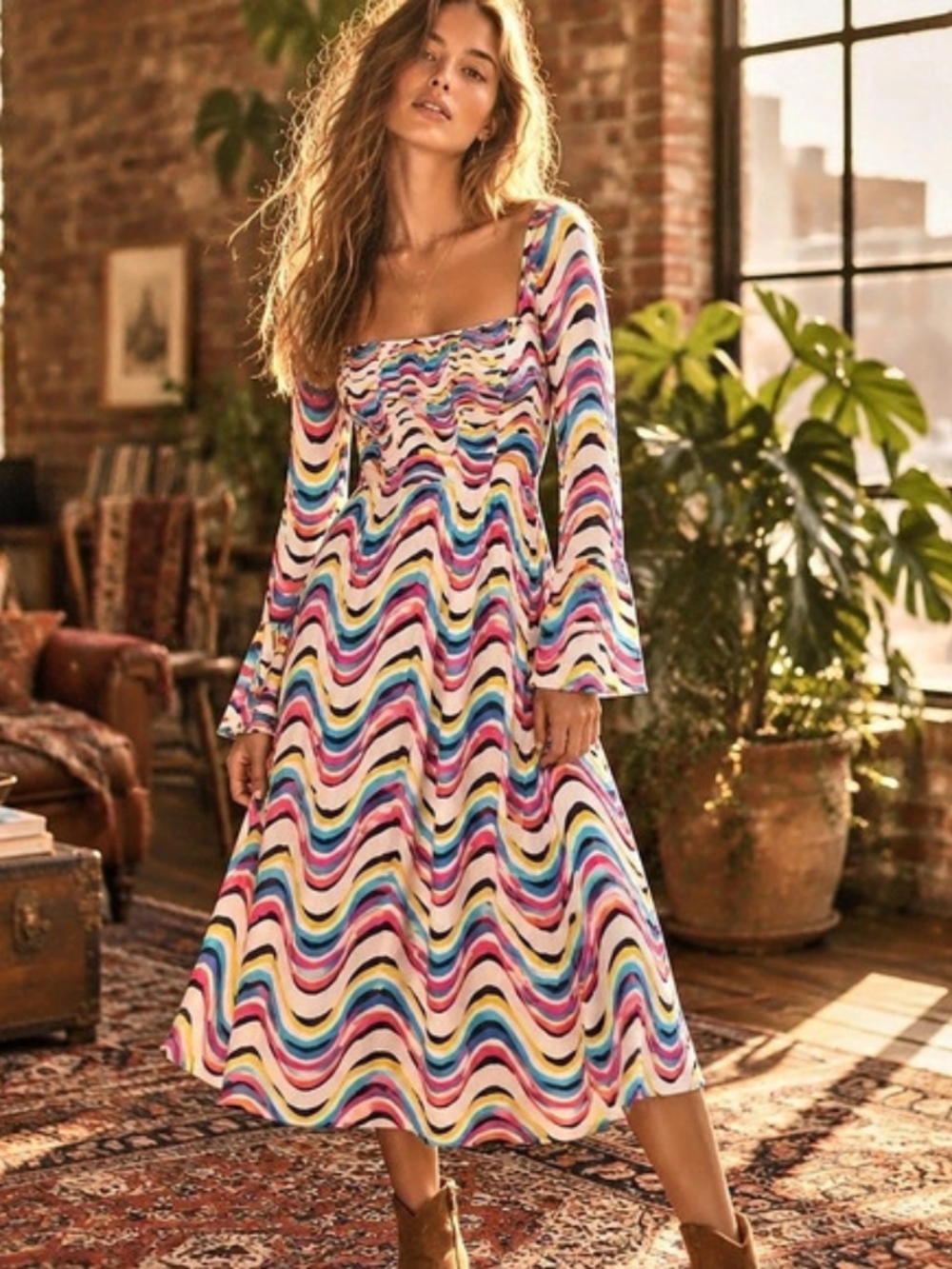 Kate Spade New York Abstract Wave Print Midi Dress
